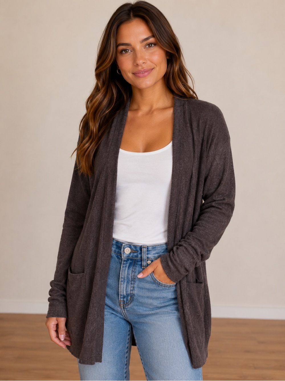 Express Women's Open-Front Cardigan in Dark Charcoal